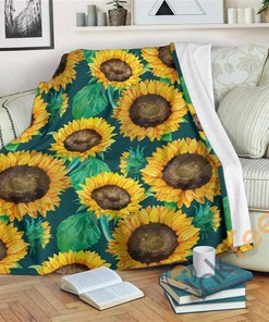 Green Watercolor Sunflower Sherpa Blanket Fleece Blanket Gifts for Fans