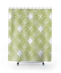 Green White Shower Curtain, Chartreuse Bath Curtain, Modern Bathroom Decor