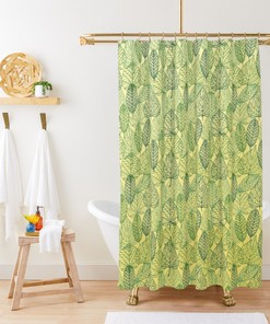 Green Yellow Leaves Shower Curtain, Transparent Botanical Tropical Leaf Pattern Fabric Bathroom Curtain, Home Bathroom Set Decor