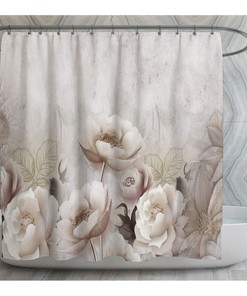 Greige Shower Curtains, 3D Floral Design Shower Curtain, Gray And Beige Shower Curtains, Different Flowers Shower Curtain