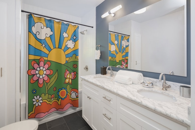 Groovy 60's And 70's Hippie Sunburst Shower Curtains - Retro Bathroom Decoration - Image 2