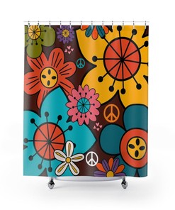 Groovy Home Decor, 70's Retro Flower Power, Hippie Chick, Chocolate Brown, Yellow, Orange, Purple, Teal, Aqua, 1970's Shower Curtain