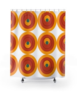Groovy Retro Peacock Eye Geo Pattern Orange, Mustard Yellow, White Mid Century Modern Design Shower Curtain