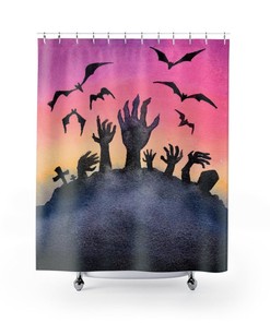 Halloween Shower Curtain, Retro Watercolor Graveyard Shower Curtain, Halloween Curtain, Spooky Bathroom Decor, Gothic Bathroom