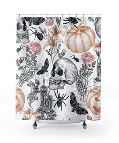 Halloween Spooky Art Shower Curtain, Halloween Bathroom Decor and Design, Skull Pumpkin Flower Art, Spider Halloween Print