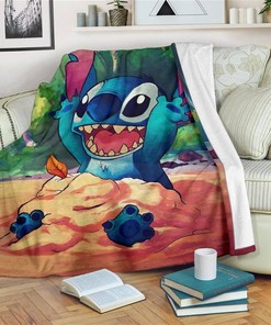 Happy Stitch Playing Funny Sherpa Fleece Blanket Gifts for Family, for Couple