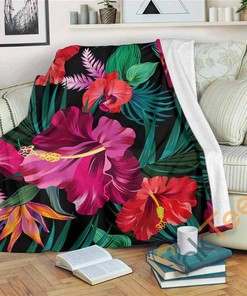 Hawaii Floral Flowers Pattern Sherpa Fleece Blanket Gifts for Family, for Couple