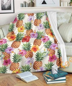 Hawaii Hibiscus Pineapple Pattern Sherpa Fleece Blanket Gifts for Family, for Couple