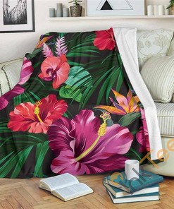 Hawaiian Floral Flowers Pattern Sherpa Fleece Blanket Gifts for Family, for Couple