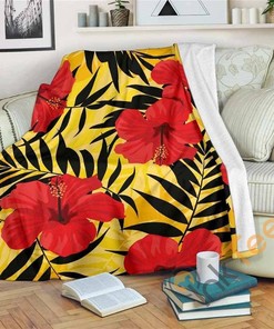 Hawaiian Hibiscus Flowers Pattern Sherpa Fleece Blanket Gifts for Family, for Couple