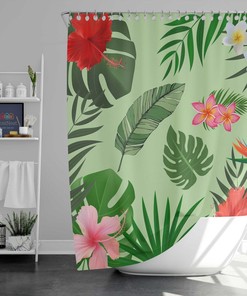 Hawaiian Summer Vibe Flowers Shower Curtain, Tropical Islands Palm Green Leaves Bathroom Curtain, House Warming Gift