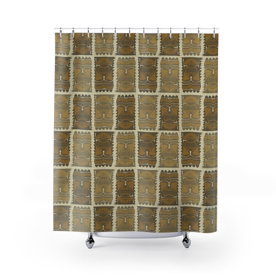 Hawaiian Tiki Idol Tropical Pattern Mid Century Modern Shower Curtain for 5 or 6 Retro Island Bathroom Decor