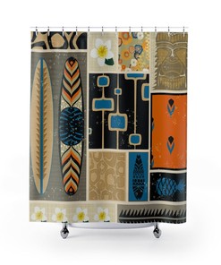 Hawaiian Tiki Idol Tropical Pattern Mid Century Modern Shower Curtain for 50s or 60s Retro Island Bathroom Decor