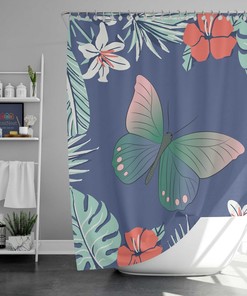 Hawaiian Vibe Shower Curtain, Tropical Islands Flowers Butterfly Fabric Bathroom Curtain, House Warming Gift