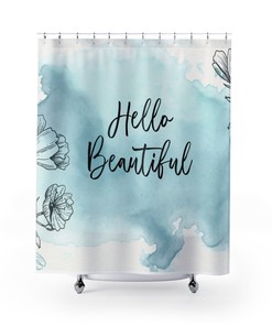 Hello Beautiful Shower Curtain, Blue Watercolor Bath Curtain, Line Art Decor, Farmhouse Bath