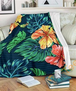 Hibiscus Monstera Hawaii Pattern Sherpa Fleece Blanket Gifts for Family, for Couple