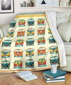 Hippie Van Car Funny Sherpa Fleece Blanket Gifts for Family, for Couple