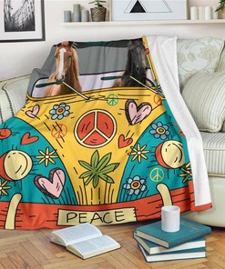Hippie Van Horse Funny Horse Lover Sherpa Fleece Blanket Gifts for Family, for Couple