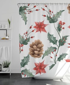 Holiday Berry Cones Floral Shower Bath Curtain, Flowers Floral, Watercolor Berry Cones Curtain, Farmhouse Decor, Christmas, Home Decor