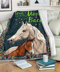 Horse I Love You To The Moon And Back Sherpa Fleece Blanket Gifts for Family, for Couple