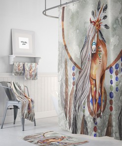 Horse Shower Curtain, Boho Southwest, Gray Watercolor, Optional Bath Mat, Bath Towels