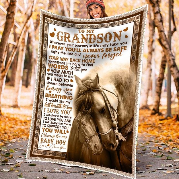 Horse To My Grandson I Pray You'll Always Be Safe Fleece Blanket From Grandpa To Grandson