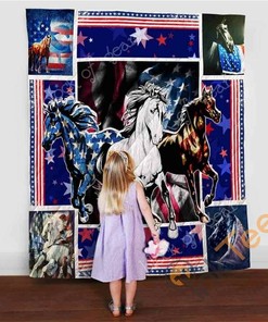 Horses With American Flag Quilt Blanket Bedding Set