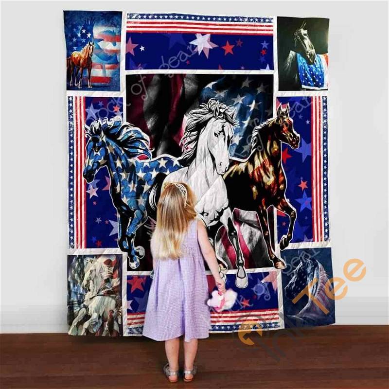 Horses With American Flag Quilt Blanket Bedding Set