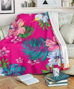 Hot Pink Aloha Hibiscus Pattern Sherpa Fleece Blanket Gifts for Family, for Couple