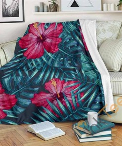 Hot Pink Hibiscus Tropical Pattern Sherpa Fleece Blanket Gifts for Family, for Couple