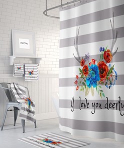 I Love You Deerly Boho Shower Curtain, Floral Deer Antlers Bath Mat and Towels