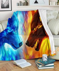 Ice And Fire Wolf Sherpa Fleece Blanket Gifts for Family, for Couple