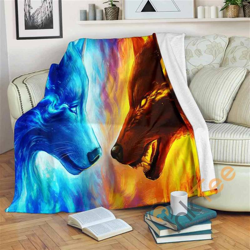 Ice And Fire Wolf Sherpa Fleece Blanket Gifts for Family, for Couple