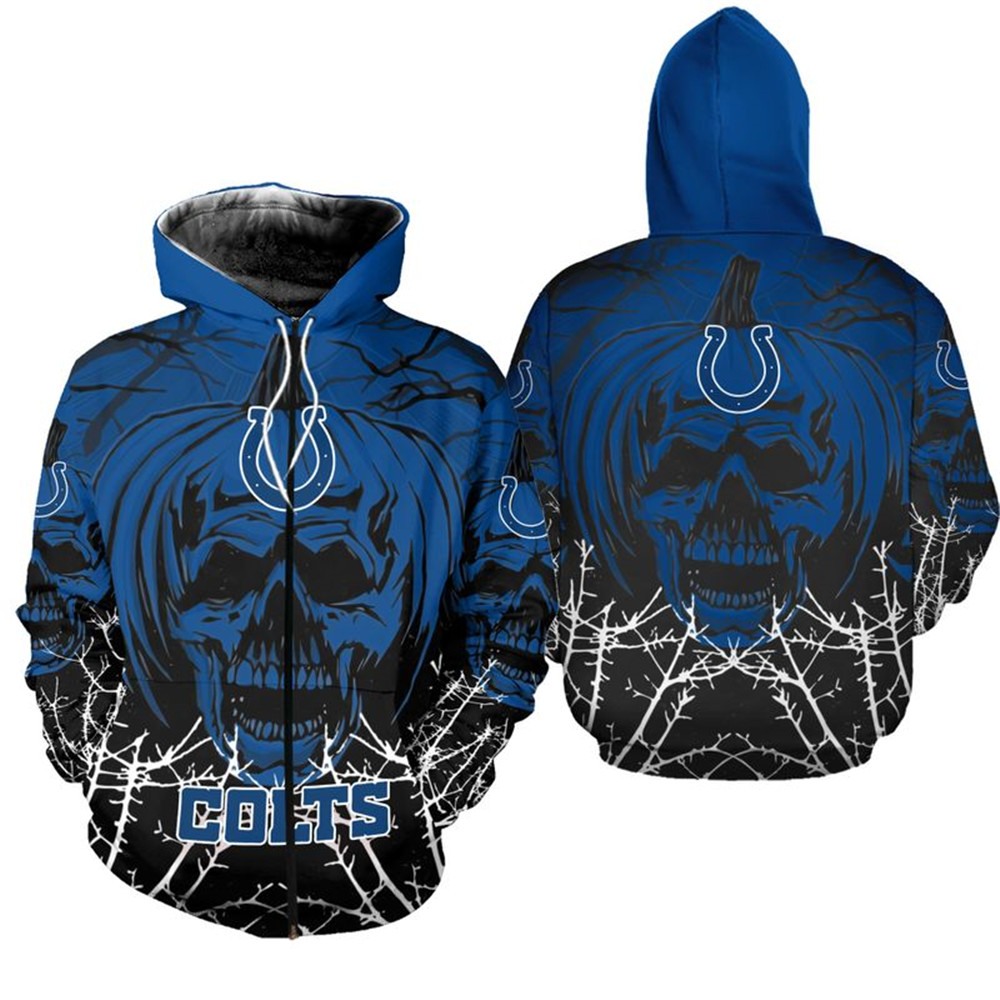 Indianapolis Colts Hoodie Halloween Pumpkin Skull Print Zip Hoodie - Image 2
