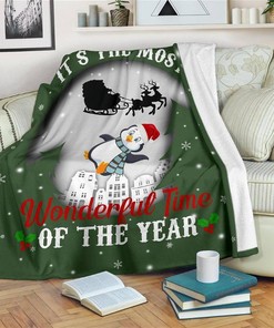 It's The Most Wonderful Time Penguin Xmas Sherpa Fleece Blanket Gifts for Family, for Couple