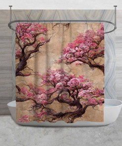 Japanese Sakura Trees Shower Curtains, Pink And Brown Tones Shower Curtain, Asian Oriental Theme Decor, Vintage Style Bathroom