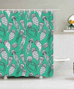 Jellyfish In The Ocean Shower Curtain, Beach Sea Coast Corals Underwater Green White Creature, Bathroom Curtain