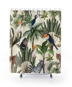 Jungle Shower Curtain, Animal Art Print Exotic Animal, Bathroom Decor Design, Zebra Monkey Animals, Housewarming Gift