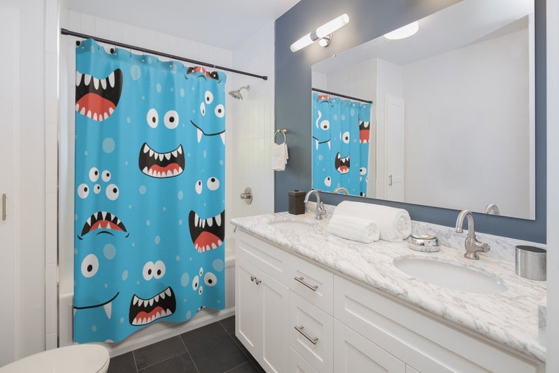Kids Monster Faces Shower Curtain - Blue - Image 2