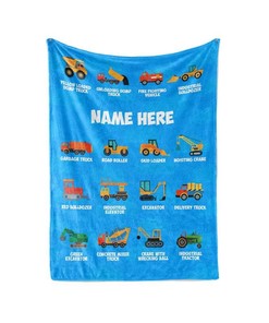 Kids Work Vehicles - Personalized Custom Blanket With Your Child's Name Sherpa Fleece Blanket Gifts for Family, for Couple