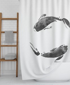 Koi Fish Shower Curtain, Japanese Art Bathroom Decor, Minimalist Shower Decor, Black And White Bathroom