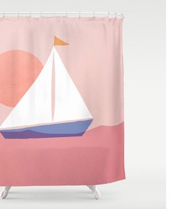 Landscape Sun And Boat Boho Shower Curtain, Minimalist Modern Curtain, Pink Sun And Sea Boho Home Decor, Bathroom Set