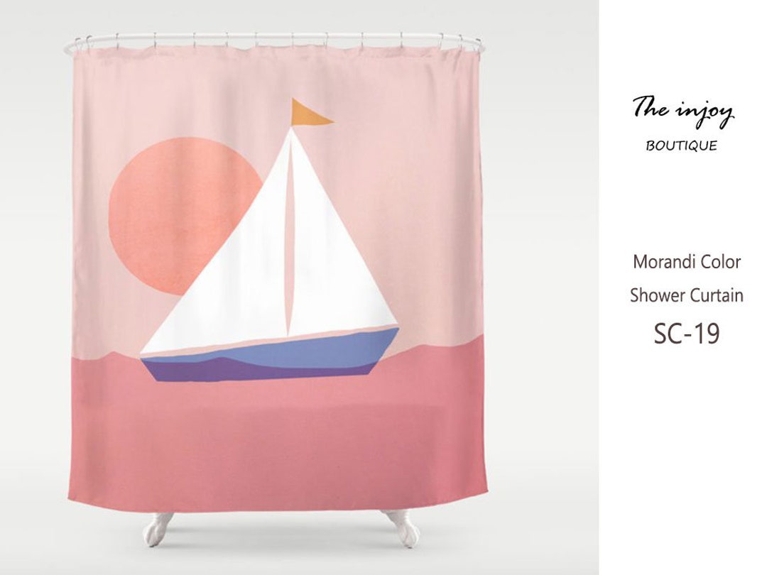 Landscape Sun And Boat Boho Shower Curtain, Minimalist Modern Curtain, Pink Sun And Sea Boho Home Decor, Bathroom Set