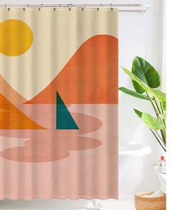 Landscape Sun And Boat Boho Shower Curtain, Minimalist Modern Curtain, Pink Sun And Sea Mountain Boho Home Decor