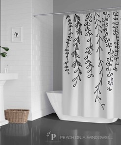 Leaves Shower Curtain, Bohemian Vines Line Drawing In Black And White, Modern Minimalist Botanical Bathroom Decor