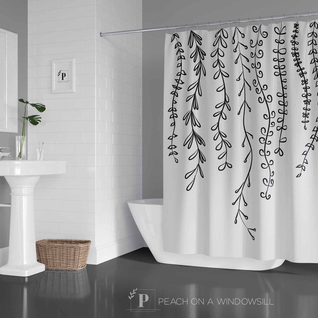 Leaves Shower Curtain, Bohemian Vines Line Drawing In Black And White, Modern Minimalist Botanical Bathroom Decor