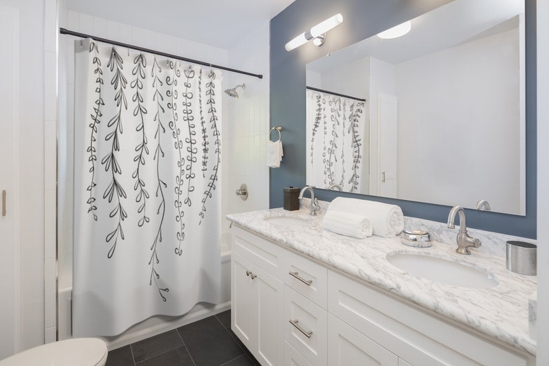 Leaves Shower Curtain, Bohemian Vines Line Drawing In Black And White, Modern Minimalist Botanical Bathroom Decor - Image 2