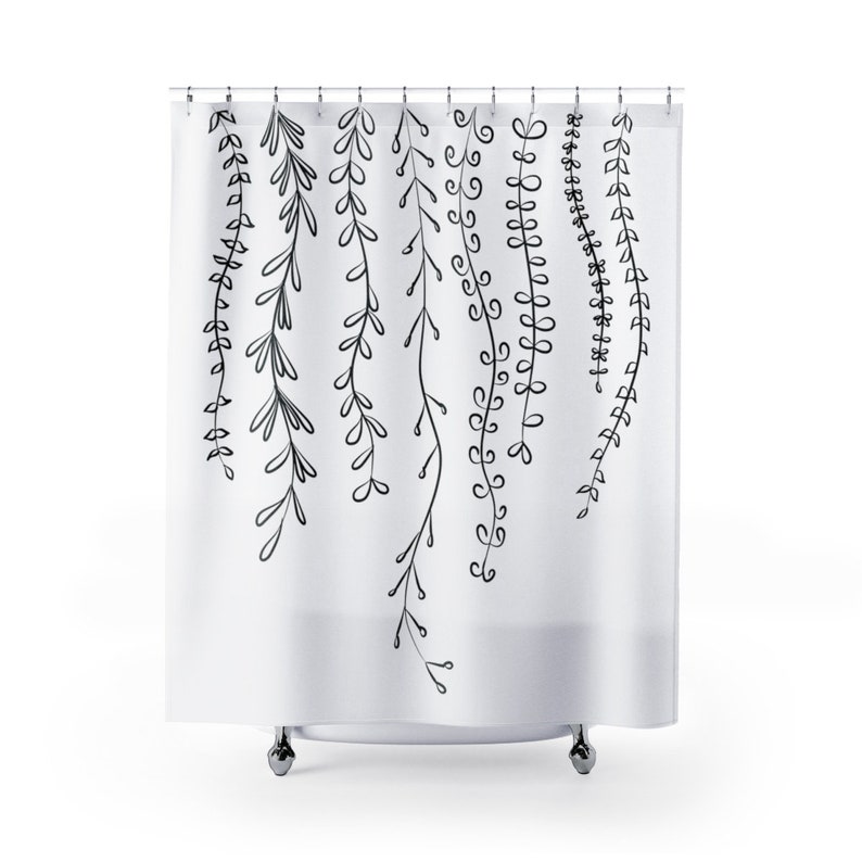 Leaves Shower Curtain, Bohemian Vines Line Drawing In Black And White, Modern Minimalist Botanical Bathroom Decor - Image 3