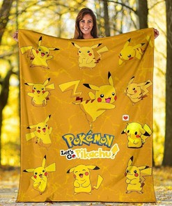 Let's Go Pikachu Pokemon Funny Sherpa Fleece Blanket Gifts for Family, for Couple