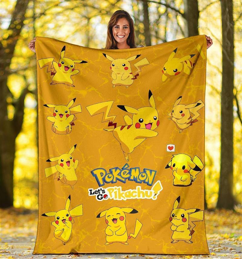 Let's Go Pikachu Pokemon Funny Sherpa Fleece Blanket Gifts for Family, for Couple